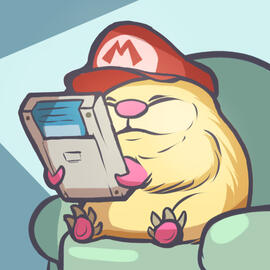 A small golden mole wearing a Super Mario hat and playing a Nintendo Game Boy.